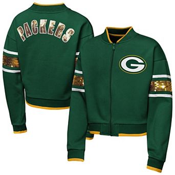 Girls Youth Outerstuff Green Green Bay Packers MVP Full-Zip Sequin Bomber Jacket