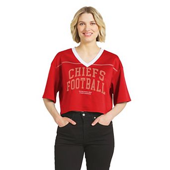 Women's WEAR by Erin Andrews Red Kansas City Chiefs Cropped V-Neck Jersey T-Shirt