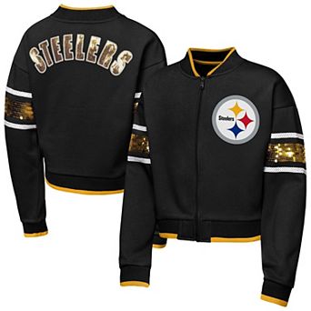 Girls Youth Outerstuff Black Pittsburgh Steelers MVP Full-Zip Sequin Bomber Jacket