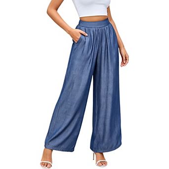 Women’s Casual Lightweight High Waist Wide Leg Denim Pants with Pockets