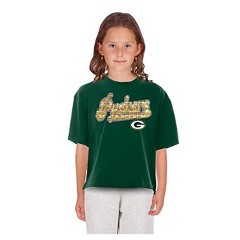 Girls Youth New Era Green Green Bay Packers Flip Sequin Boxy T-Shirt