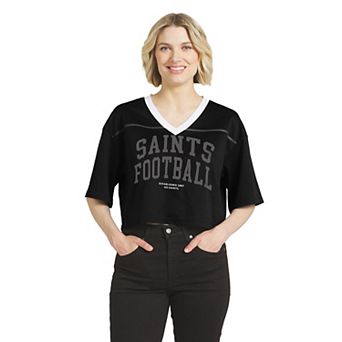 Women's WEAR by Erin Andrews Black New Orleans Saints Cropped V-Neck Jersey T-Shirt