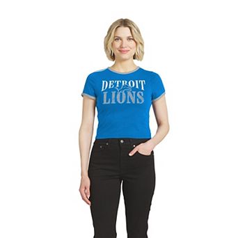 Women's WEAR by Erin Andrews Blue Detroit Lions Cropped Ringer Baby T-Shirt