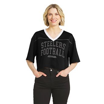 Women's WEAR by Erin Andrews Black Pittsburgh Steelers Cropped V-Neck Jersey T-Shirt