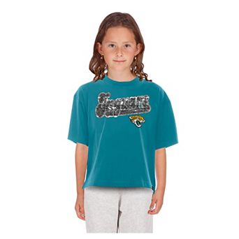 Girls Youth New Era Teal Jacksonville Jaguars Flip Sequin Boxy T-Shirt