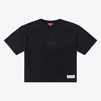 Women's Mitchell & Ness Black New England Patriots Core Essentials Micro Logo Boxy Crop T-Shirt