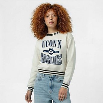 Women's Champion White UConn Huskies Yarn Dye Rib Reverse Weave Crew Sweatshirt