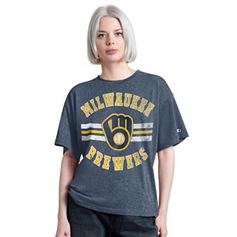 Women's Starter Navy Milwaukee Brewers Jump Shot Boyfriend Tri-Blend T-Shirt