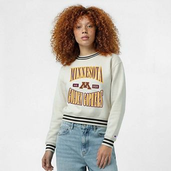 Women's Champion White Minnesota Golden Gophers Yarn Dye Rib Reverse Weave Crew Sweatshirt