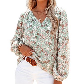 Women's Floral Print V Neck Chiffon Blouse Puff Lantern Sleeve Casual Loose Flowy Shirt
