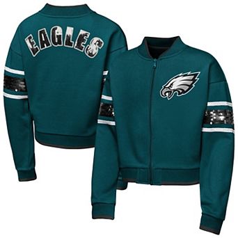 Girls Youth Outerstuff Midnight Green Philadelphia Eagles MVP Full-Zip Sequin Bomber Jacket