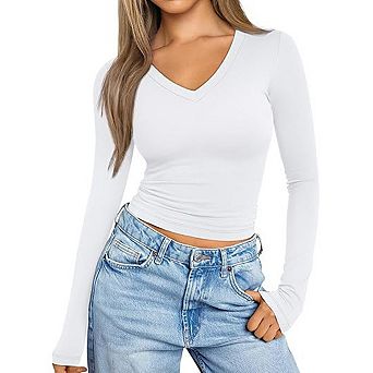 Women's V Neck Long Sleeve Crop Tops Slim Fit Ruched Casual Basic Layering Shirts