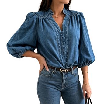 Women's Stand Collar Puff Sleeve Denim Blouse V Neck Button Front Casual Denim Shirt