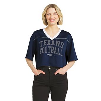 Women's WEAR by Erin Andrews Navy Houston Texans Cropped V-Neck Jersey T-Shirt