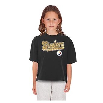 Girls Youth New Era Black Pittsburgh Steelers Flip Sequin Boxy T-Shirt