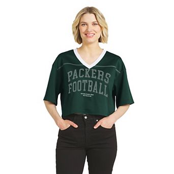 Women's WEAR by Erin Andrews Green Green Bay Packers Cropped V-Neck Jersey T-Shirt