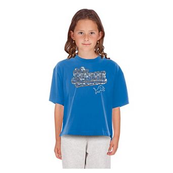 Girls Youth New Era Blue Detroit Lions Flip Sequin Boxy T-Shirt