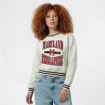 Women's Champion White Maryland Terrapins Yarn Dye Rib Reverse Weave Crew Sweatshirt
