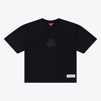 Women's Mitchell & Ness Black Green Bay Packers Core Essentials Micro Logo Boxy Crop T-Shirt