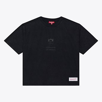 Women's Mitchell & Ness Black Los Angeles Chargers Core Essentials Micro Logo Boxy Crop T-Shirt