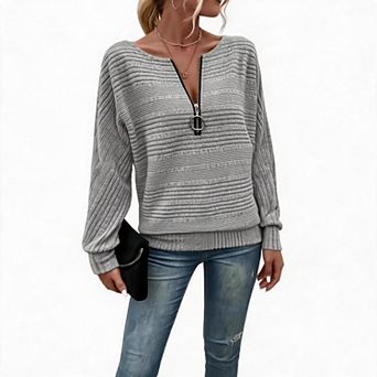 Women Half Zip Knit Pullover Top Batwing Long Sleeve Loose Casual Top