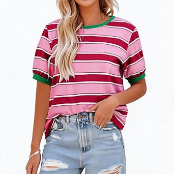 Women Color Block Striped T-Shirt Crew Neck Bubble Short Sleeve Loose Fit Casual Tee Shirts