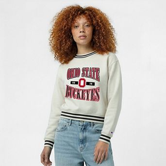 Women's Champion White Ohio State Buckeyes Yarn Dye Rib Reverse Weave Crew Sweatshirt