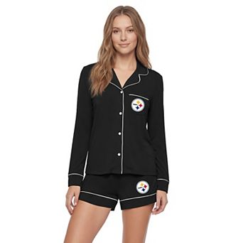 Women's Concepts Sport Black Pittsburgh Steelers Medley Long Sleeve Button-Up and Shorts Sleep Set