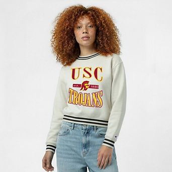 Women's Champion White USC Trojans Yarn Dye Rib Reverse Weave Crew Sweatshirt