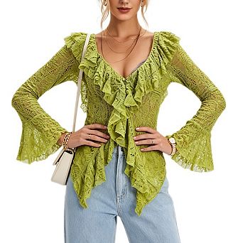 Women's V Neck Ruffle Trim Bell Long Sleeve Trendy Going Out Club Concert Casual Tops