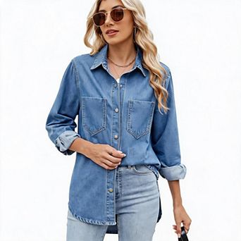 Women Washed Loose Denim Shirt Long Sleeve Snap Button Oversized Jean Jacket with Chest Pockets