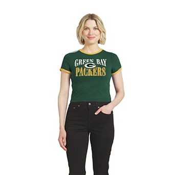 Women's WEAR by Erin Andrews Green Green Bay Packers Cropped Throwback Ringer Baby T-Shirt