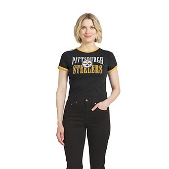 Women's WEAR by Erin Andrews Black Pittsburgh Steelers Cropped Throwback Ringer Baby T-Shirt
