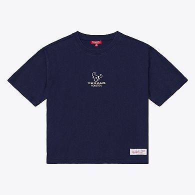 Women's Mitchell & Ness Navy Houston Texans Core Essentials Micro Logo Boxy Crop T-Shirt