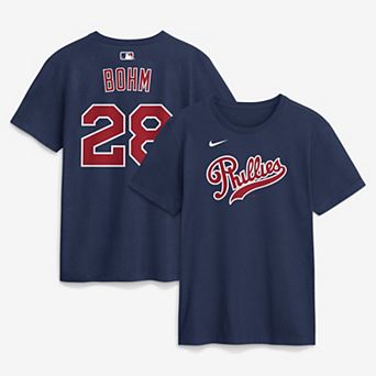 Men's Nike Alec Bohm Navy Philadelphia Phillies 2026 Field of Dreams Name & Number T-Shirt