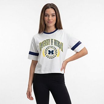Women's Champion White Michigan Wolverines Striped Ringer T-Shirt