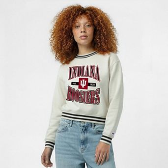 Women's Champion White Indiana Hoosiers Yarn Dye Rib Reverse Weave Crew Sweatshirt