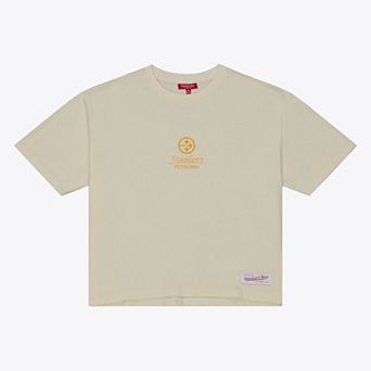 Women's Mitchell & Ness Cream Pittsburgh Steelers Core Essentials Micro Logo Boxy Crop T-Shirt