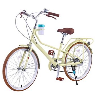 KWPZQEB 24 inch Cruiser Bike with Rear Rack & Cup Holder, 6 Speed Step-Through Commuter Bicycle