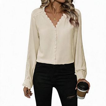 Women's V-Neck Lace Patchwork Long-Sleeve Shirt
