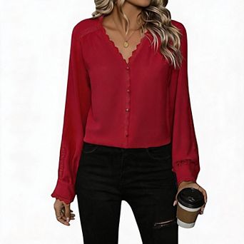 Women's V-Neck Lace Patchwork Long-Sleeve Shirt