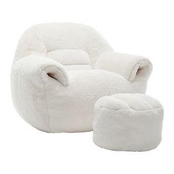 Faux Fur Bean Bag Chair with Back Support and Matching Footstool