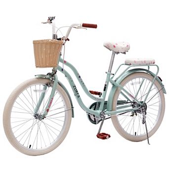 Pnronnc Outdoor Ride Bike Cruiser Bike Carbon Steel Bicycle City Bike with Wicker Basket, Rear Rack