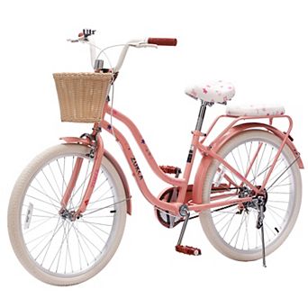 Pnronnc Outdoor Ride Bike Cruiser Bike Carbon Steel Bicycle City Bike with Wicker Basket, Rear Rack