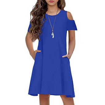 Arshiner Girls Summer Dress Short Sleeve Cold Shoulder Swing Casual Dresses With Pockets