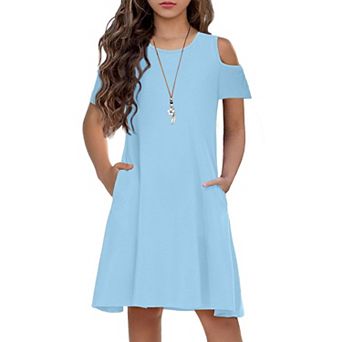 Arshiner Girls Summer Dress Short Sleeve Cold Shoulder Swing Casual Dresses With Pockets