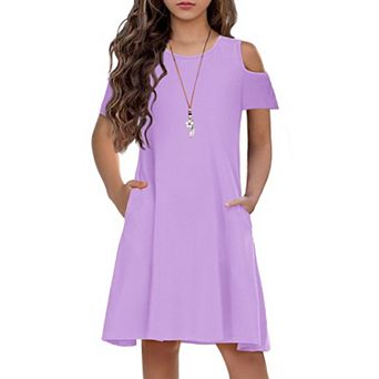 Arshiner Girls Summer Dress Short Sleeve Cold Shoulder Swing Casual Dresses With Pockets