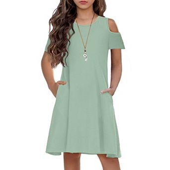 Arshiner Girls Summer Dress Short Sleeve Cold Shoulder Swing Casual Dresses With Pockets