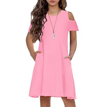 Arshiner Girls Summer Dress Short Sleeve Cold Shoulder Swing Casual Dresses With Pockets