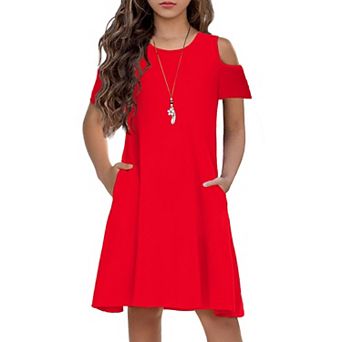 Arshiner Girls Summer Dress Short Sleeve Cold Shoulder Swing Casual Dresses With Pockets